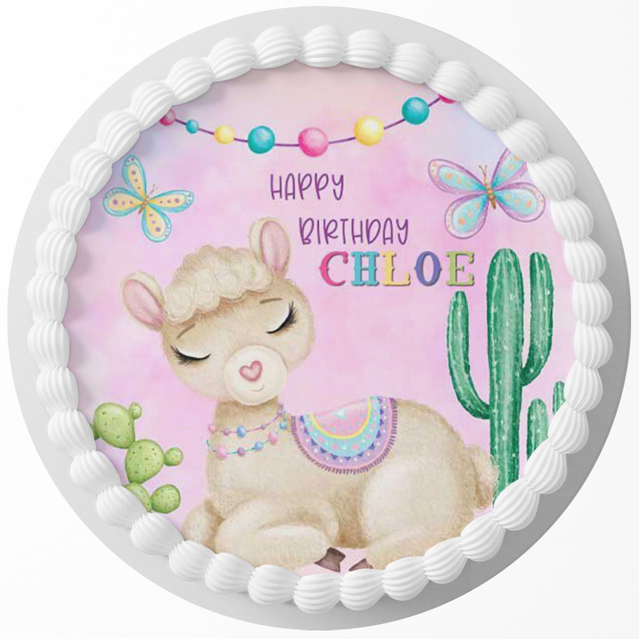 Llama Alpaca Cute Pink Round – Icing Sheet Birthday - Personalized Edible Cake Topper | Custom Icing Sheet | Birthday Cake Decoration