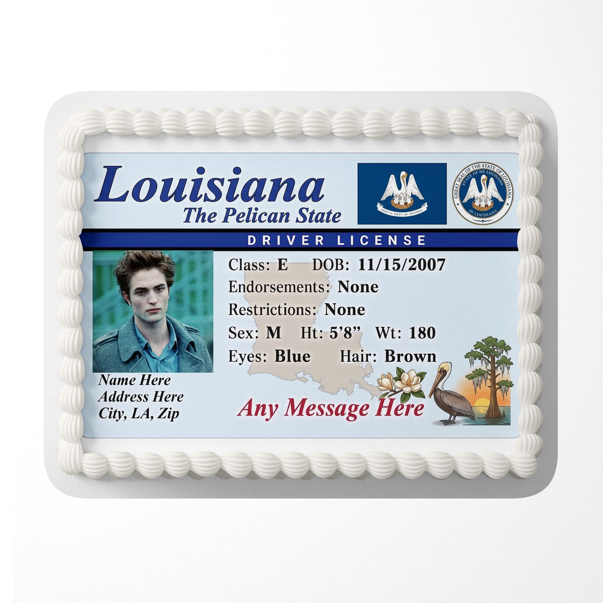 Louisiana Driver License Edible Cake Topper – Custom Photo Birthday Icing Sheet