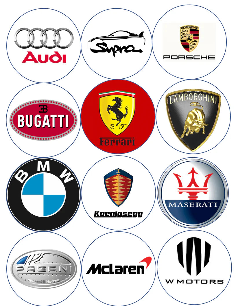 Luxury Car Logos Mix 3 Edible Cupcake Toppers Icing Sheet or Wafer Paper