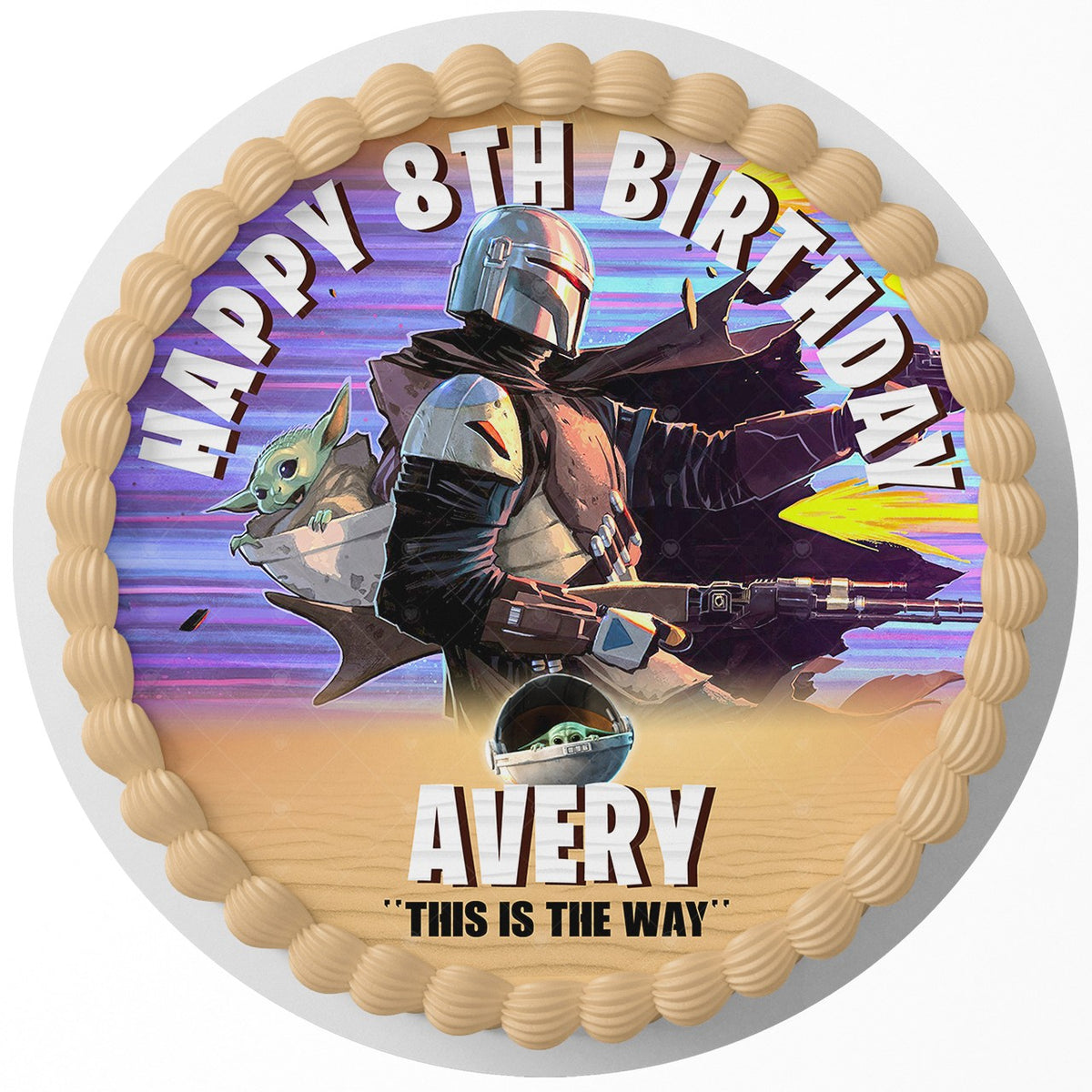The Mandolorian and Grogu Edible Cake Topper Round Personalized Edible Cake Topper | Custom Icing Sheet | Birthday Cake Decoration