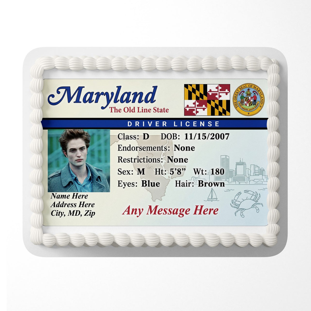 Maryland Driver License Edible Cake Topper – Custom Photo Birthday Icing Sheet