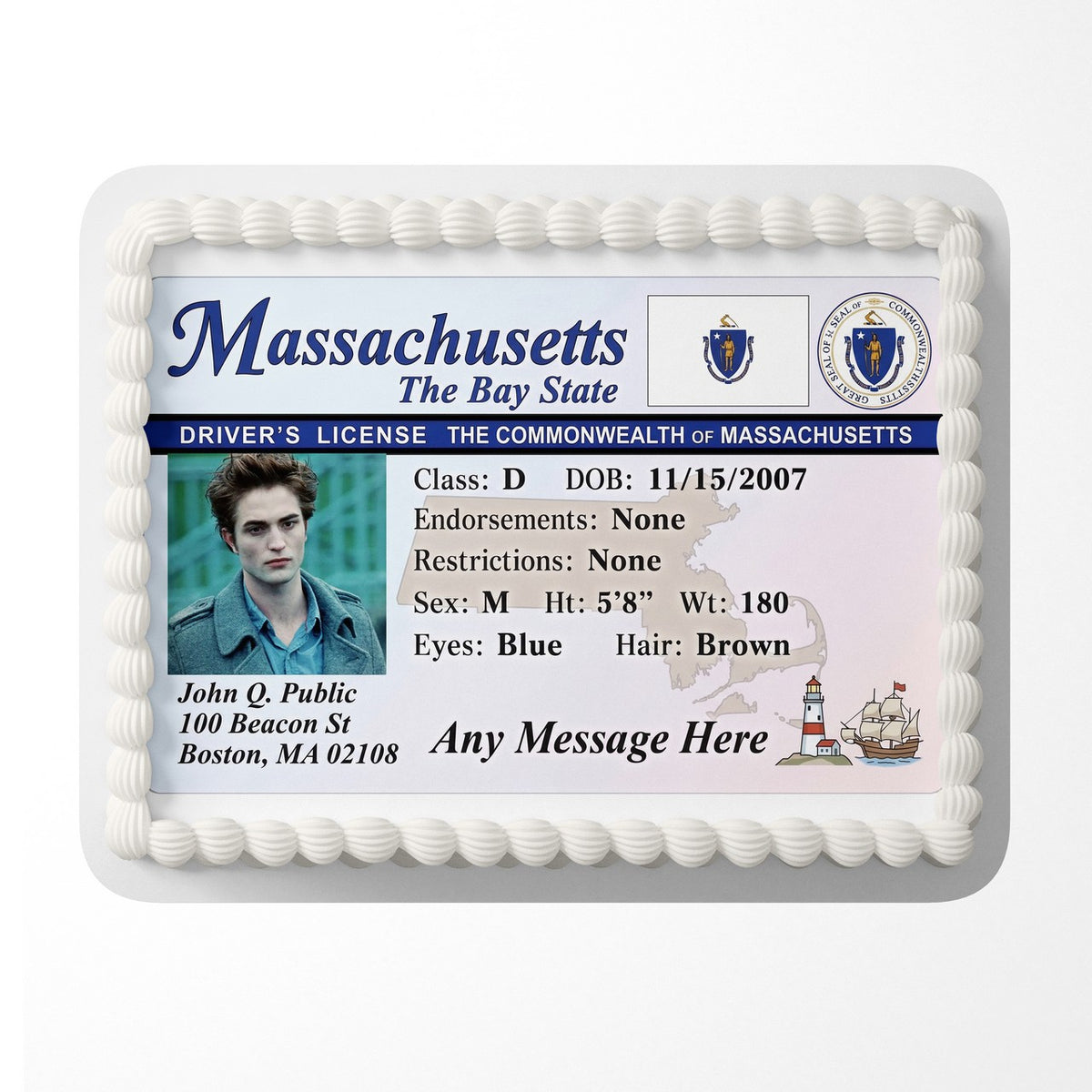 Massachusetts Driver License Edible Cake Topper – Custom Photo Birthday Icing Sheet