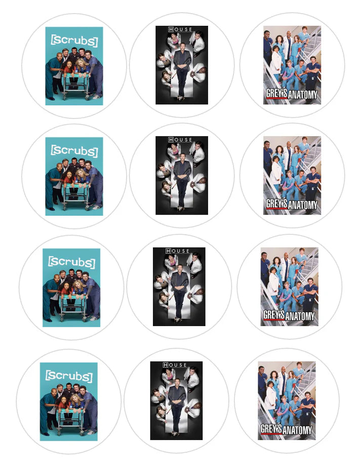 Medical TV Shows Scrubs Greys Anatomy House Edible Cupcake Toppers Icing Sheet or Wafer Paper