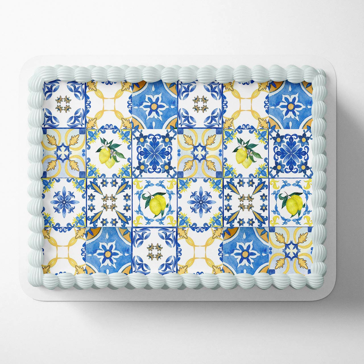 Mediterranean Positano Mosaic Amalfi Lemon Inspired Tile Pattern - Personalized Edible Cake Topper | Custom Icing Sheet | Birthday Cake Decoration