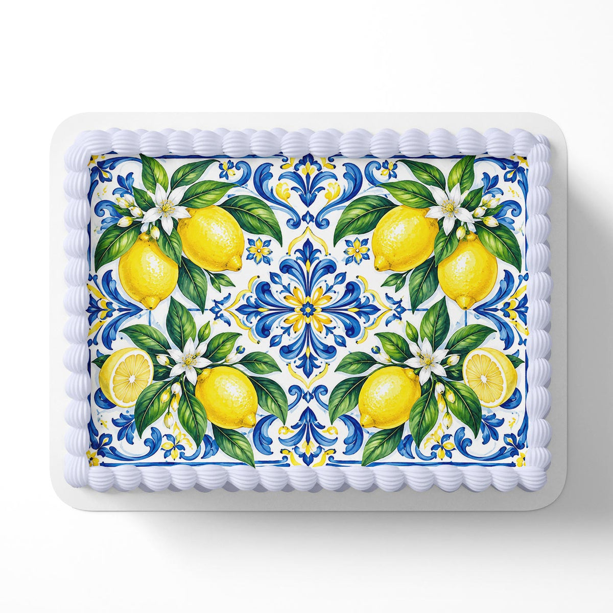 Mediterranean Lemon Tile Cake Topper – Blue & White Italian Citrus Edible Cake Image
