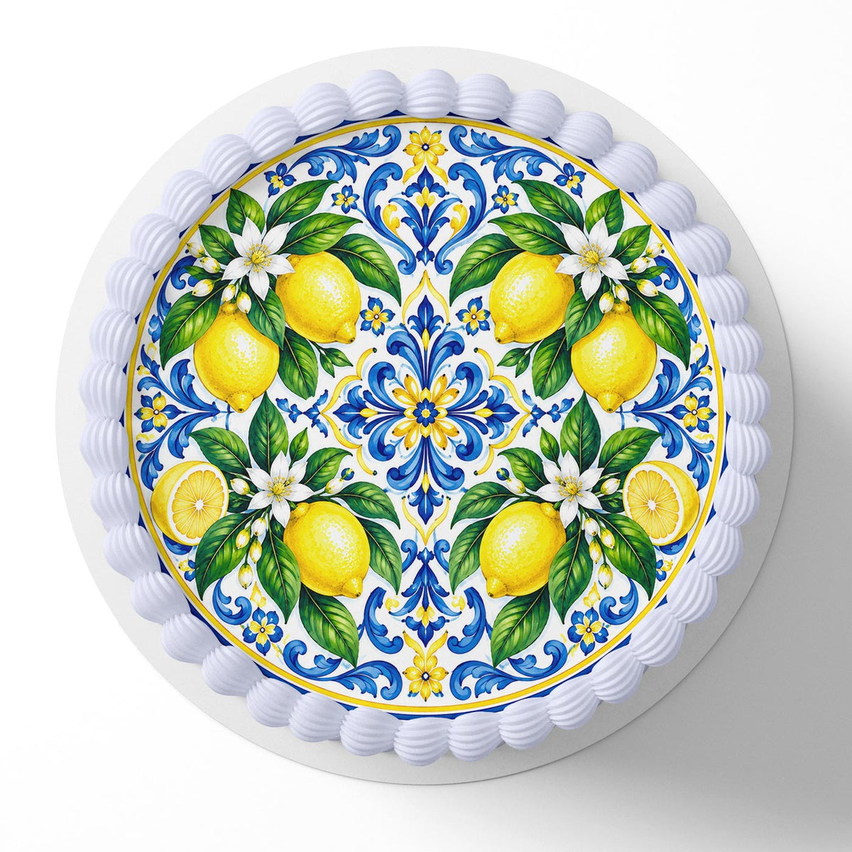 Mediterranean Lemon Tile Cake Topper – Blue & White Italian Citrus Edible Cake Image