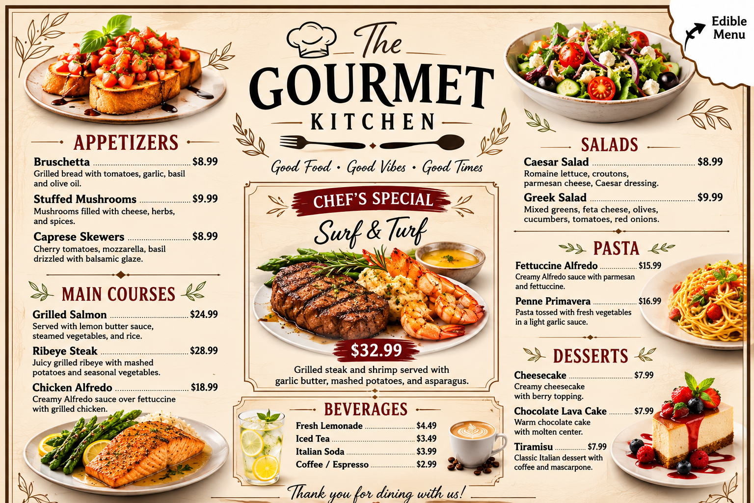 Custom Edible Restaurant & Bar Menu Sheets – Printed Wafer Paper Menus, Personalized Food & Drink Menu, Pack of 24