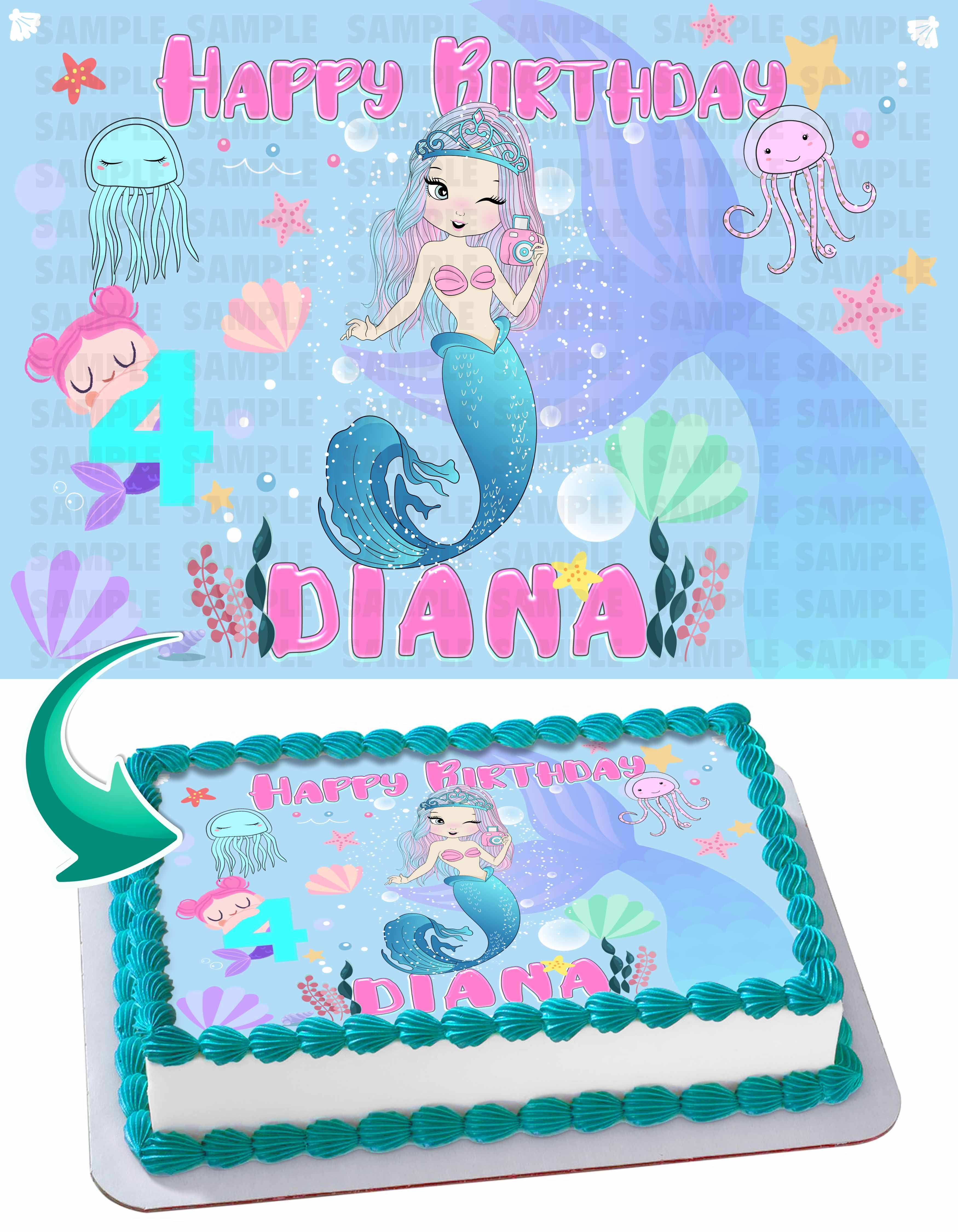 Mermaid Ocean Blue Pink Edible Cake Topper