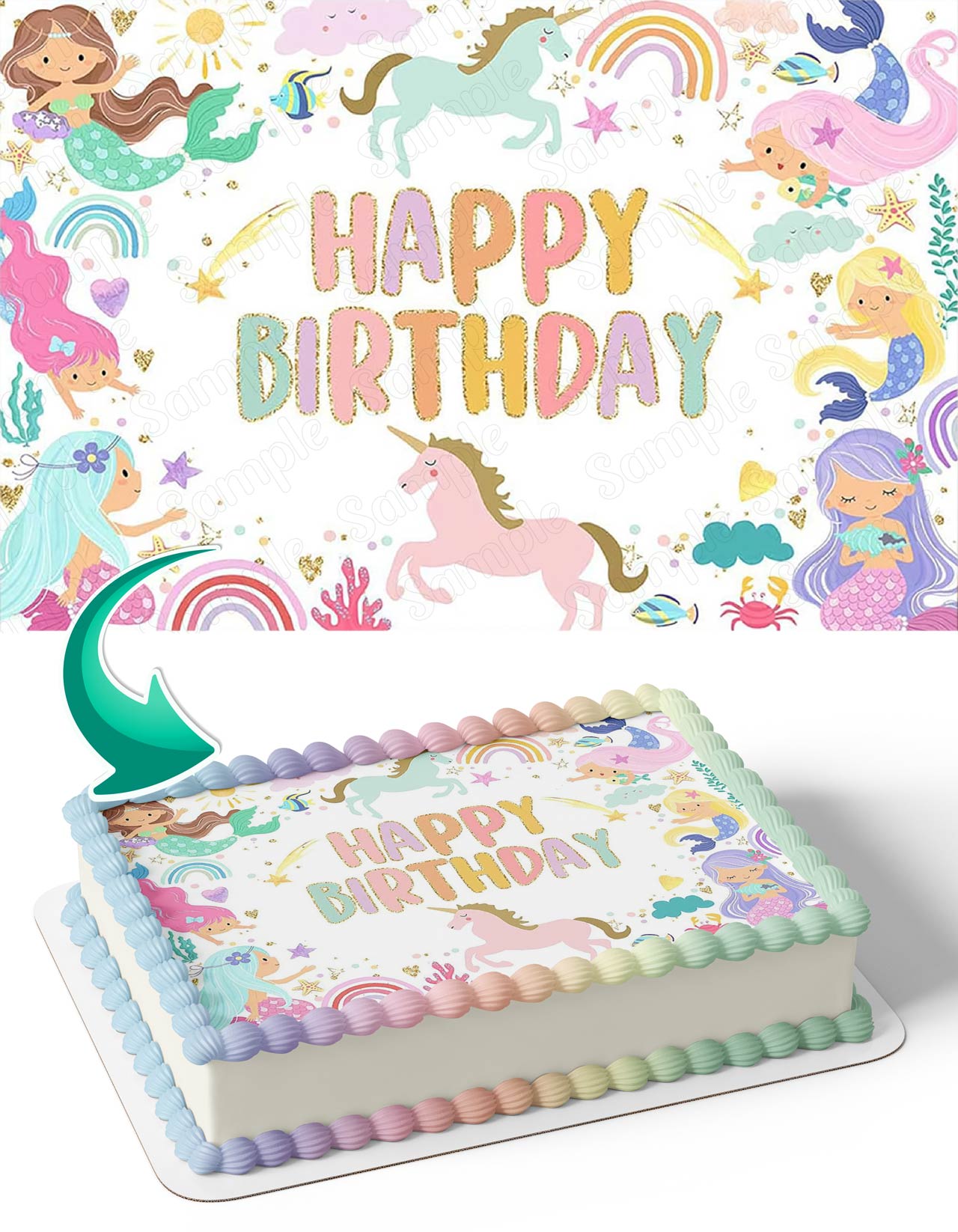 Mermaid and Rainbow Unicorn Edible Cake Topper