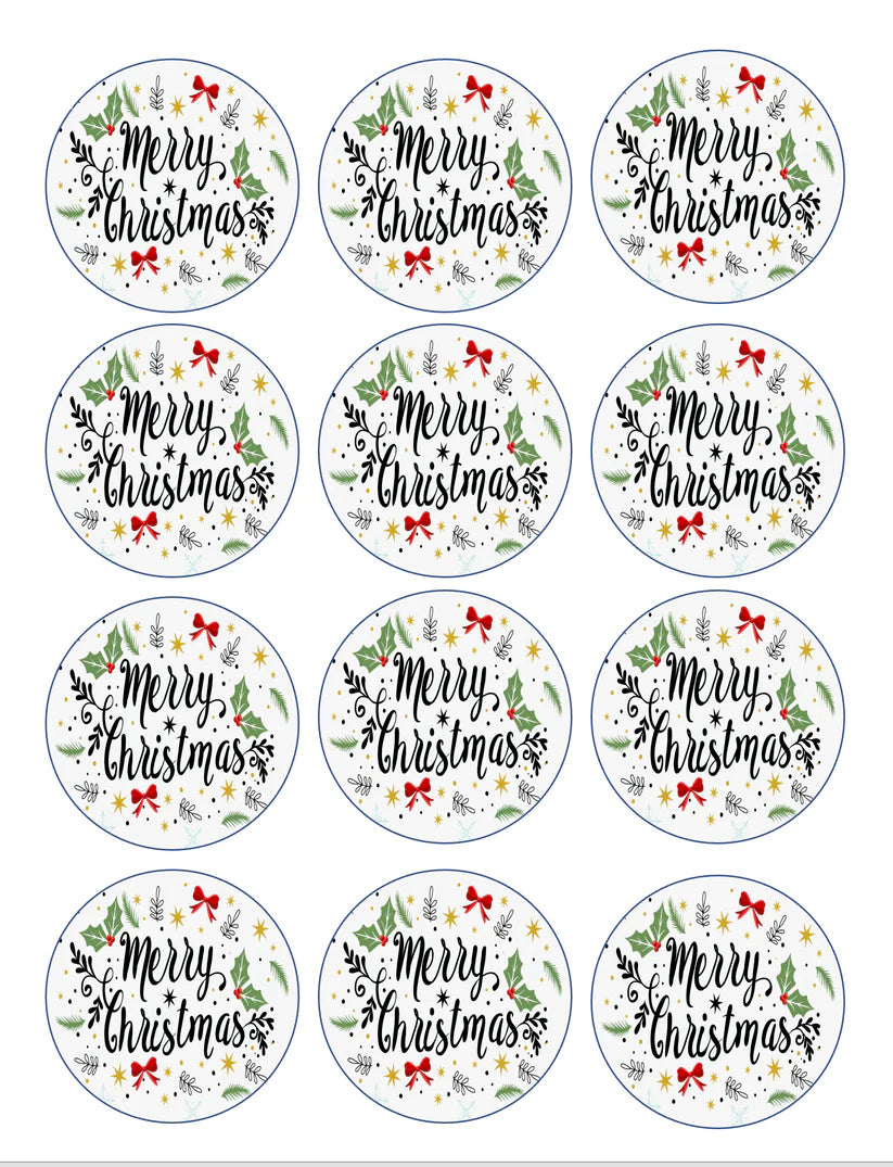 Merry Christmas Holly Script Edible Cupcake Toppers Icing Sheet or Wafer Paper