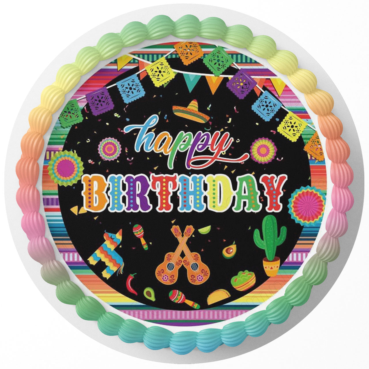 Mexican Decoration Happy Birthday Party Round – Icing Sheet Birth - Personalized Edible Cake Topper | Custom Icing Sheet | Birthday Cake Decoration