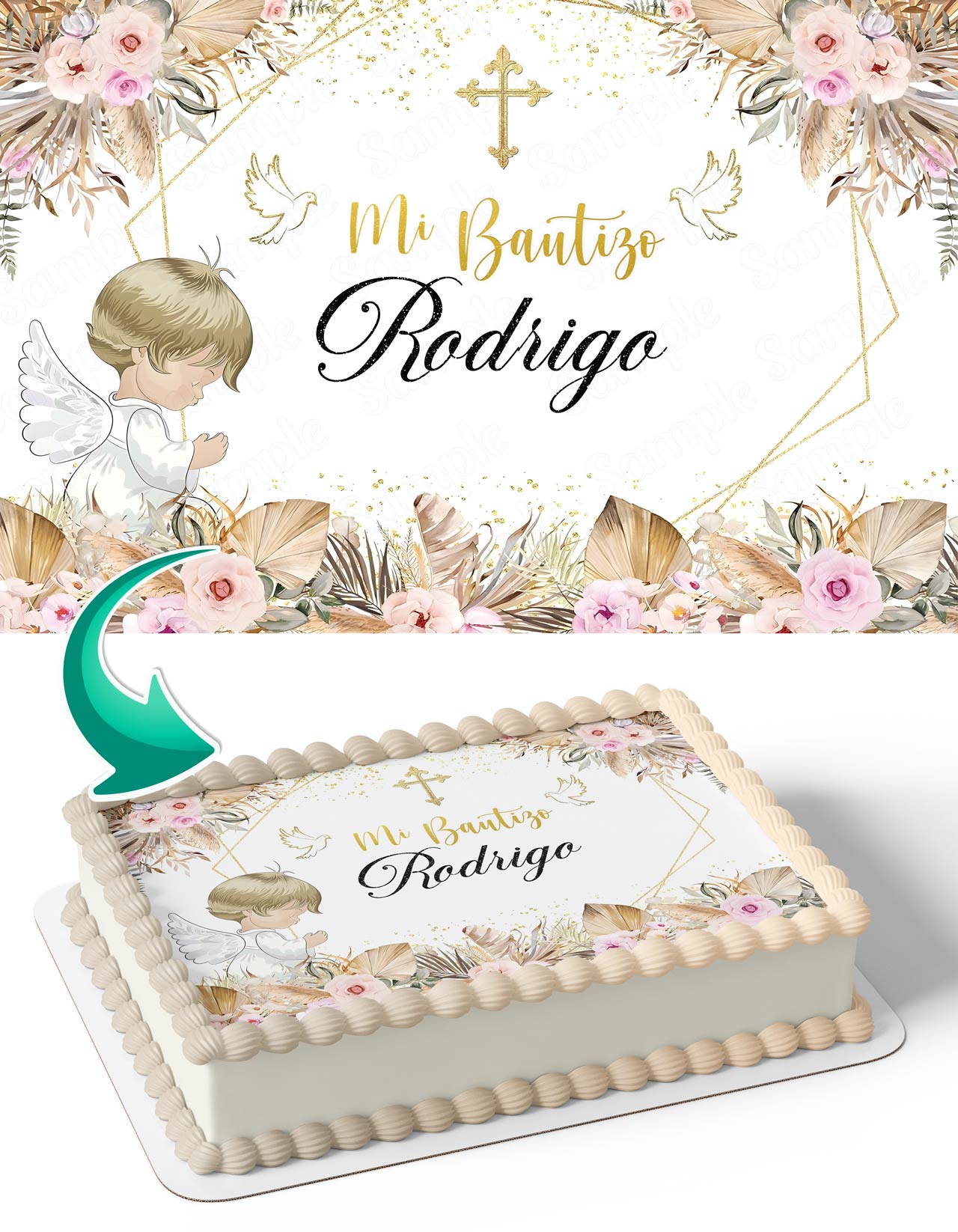 Mi Bautizo Floral Gold Edible Cake Topper