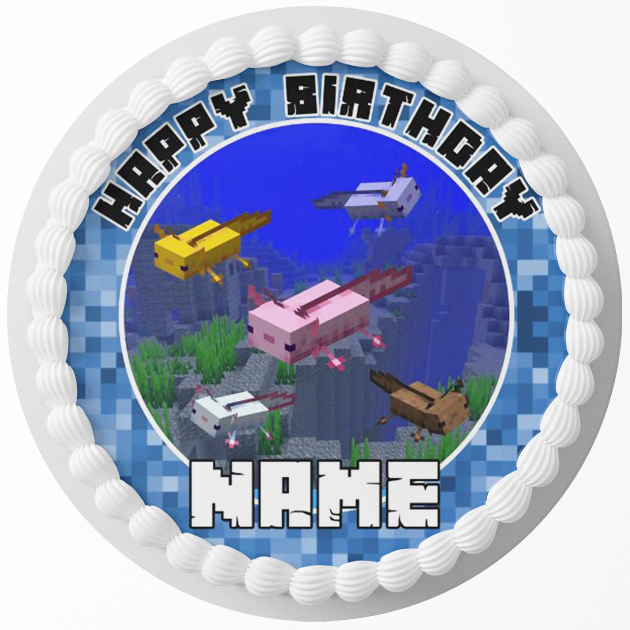 Mine Blocks Pixel Craft  Axolotl Round – Icing Sheet Birthday - Personalized Edible Cake Topper | Custom Icing Sheet | Birthday Cake Decoration