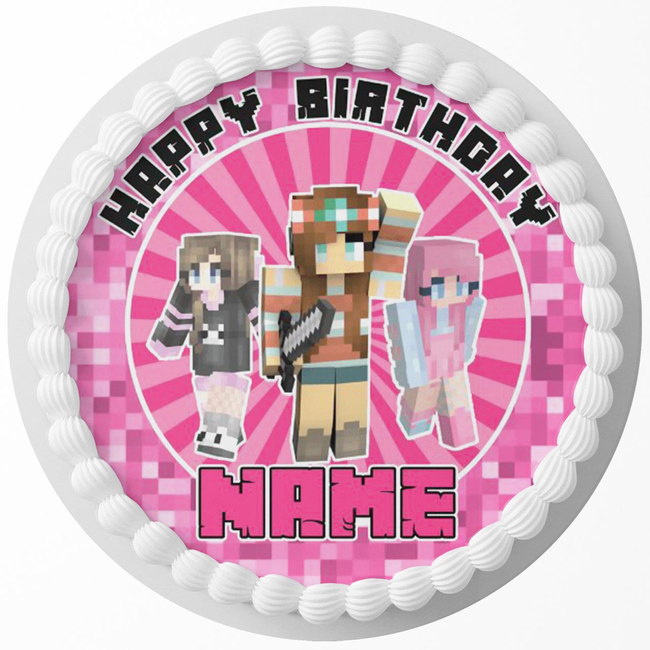 Mine Blocks Pixel Craft Girls R Round – Icing Sheet Birthday - Personalized Edible Cake Topper | Custom Icing Sheet | Birthday Cake Decoration