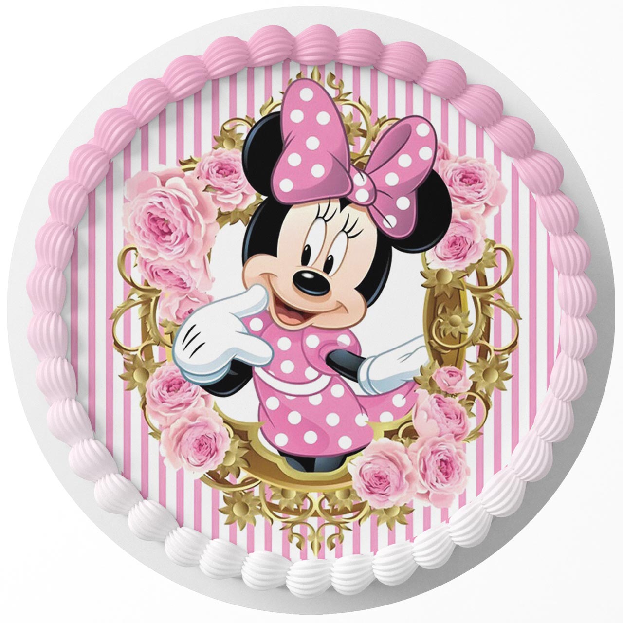 Mini Mouse Pink Floral Gold Round – Icing Sheet Birthday - Personalized Edible Cake Topper | Custom Icing Sheet | Birthday Cake Decoration