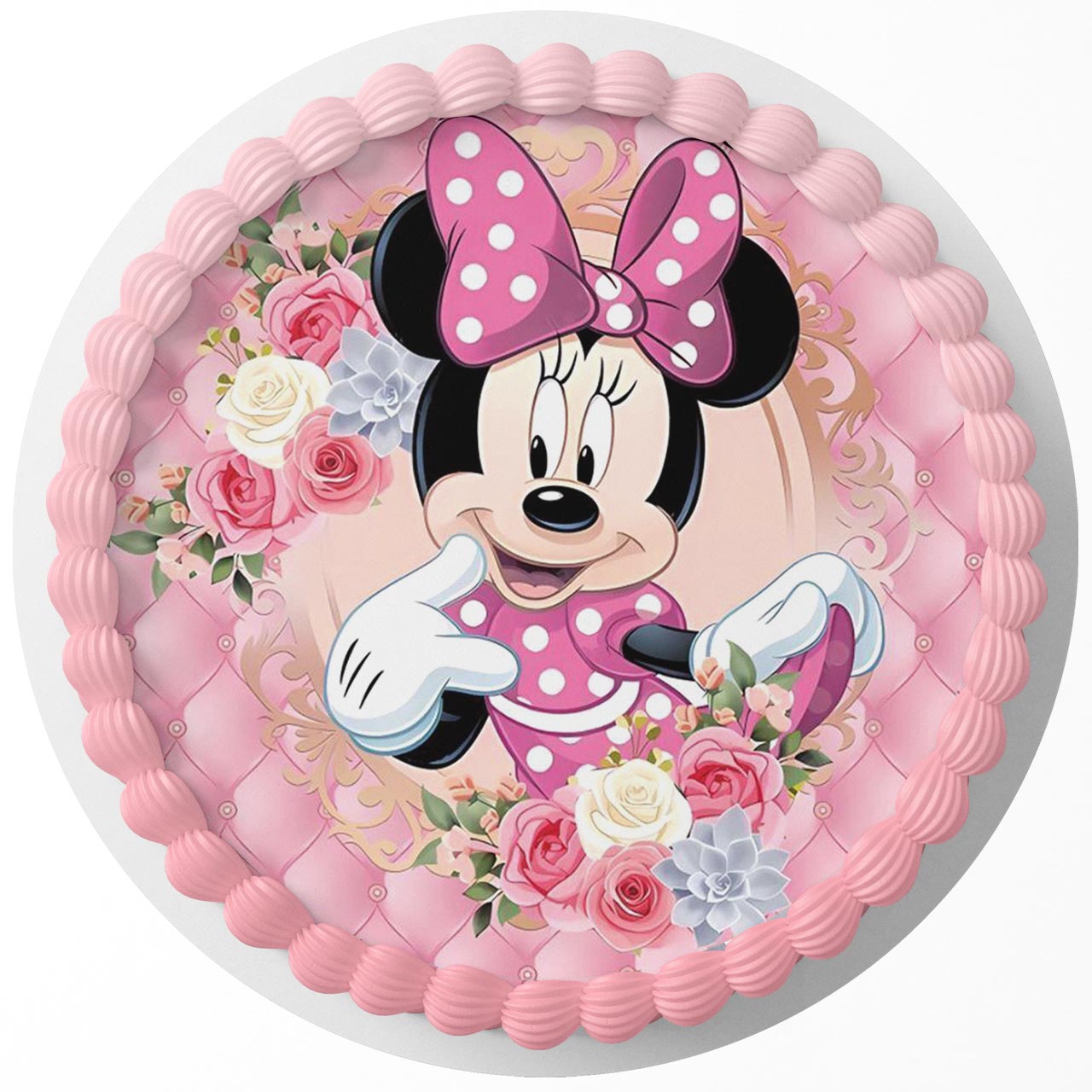 Mini Mouse Pink Floral Round – Icing Sheet Birthday - Personalized Edible Cake Topper | Custom Icing Sheet | Birthday Cake Decoration
