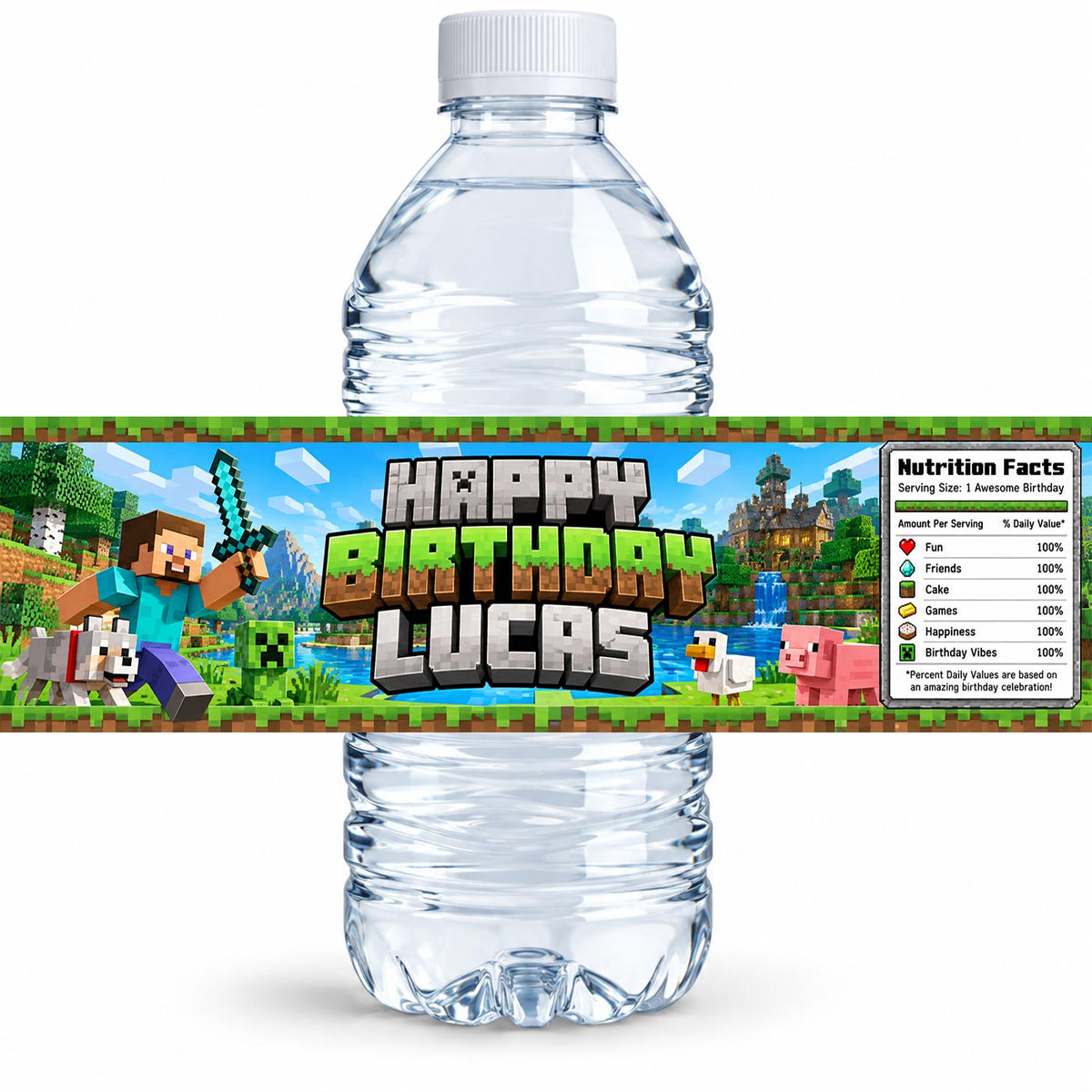 Custom Pixel Craft Blocks Water Bottle Label Sticker Birthday Decor Self Stick Wrapper