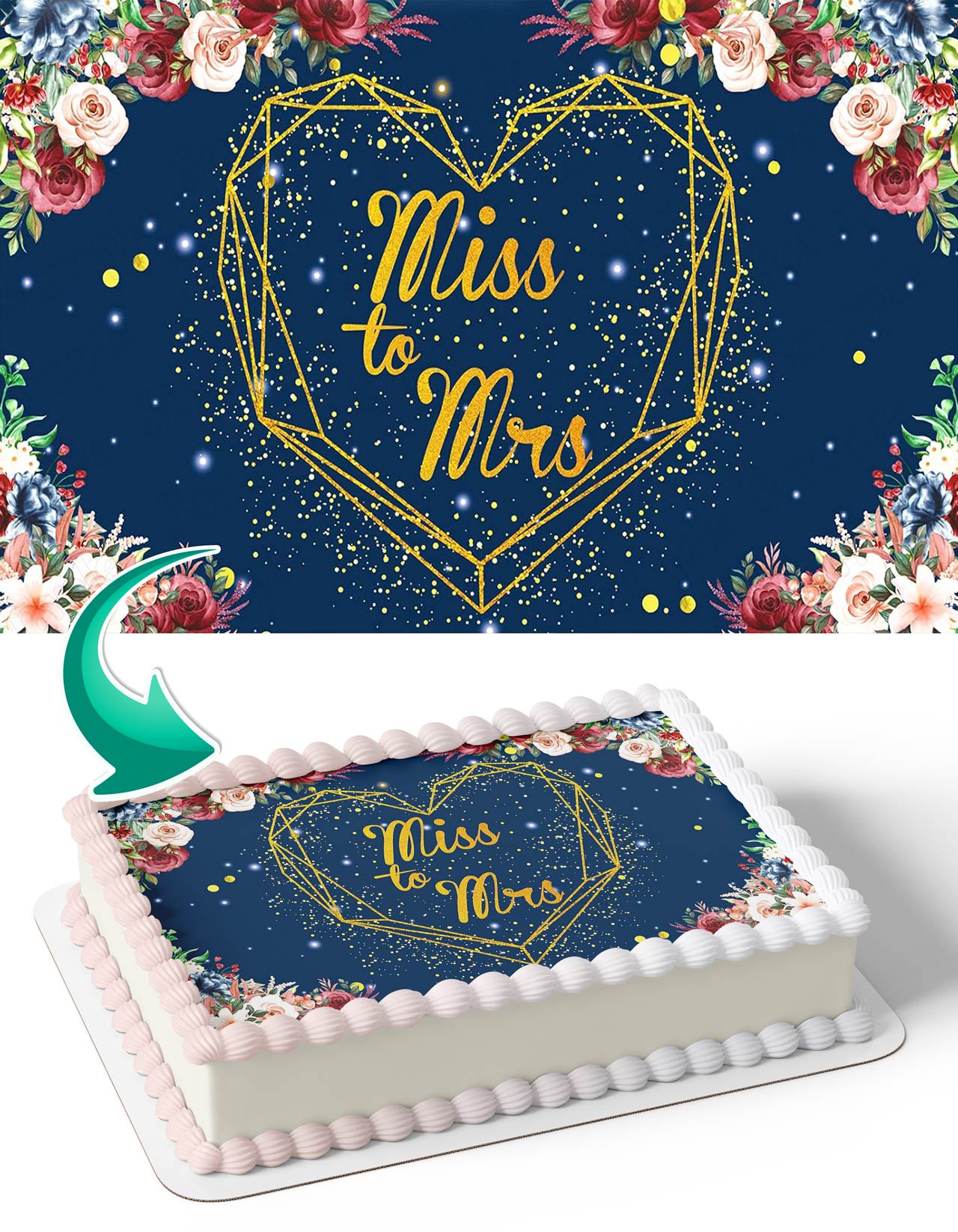 Miss to Mrs Navy Blue Flower Glitter Wedding Bridal Edible Cake Topper