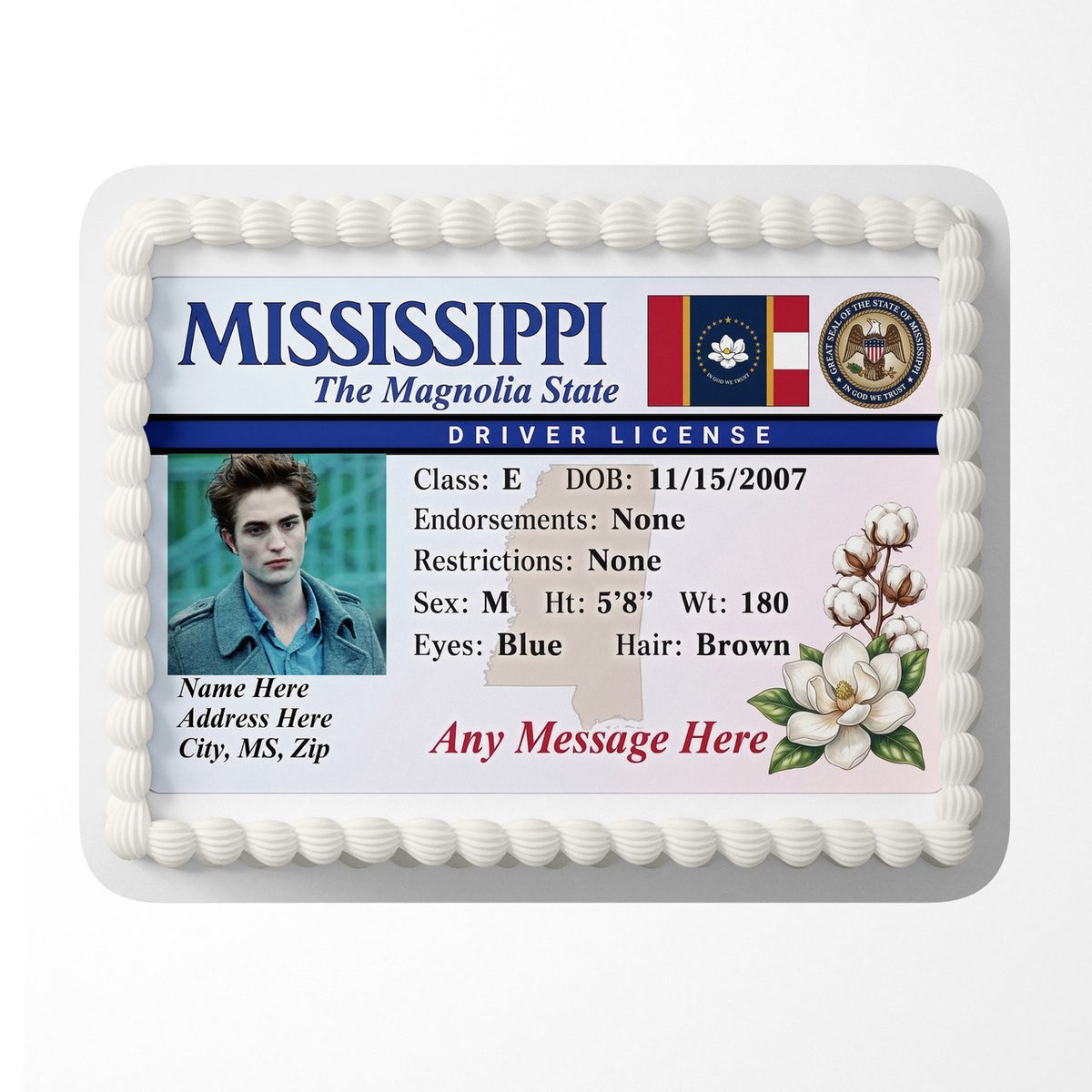 Mississippi Driver License Edible Cake Topper – Custom Photo Birthday Icing Sheet