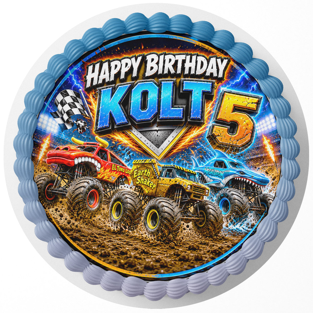 Monster Truck Toro Loco Earth Shaker Megalodon ﻿Custom Edible Cake Image - Edible Cake Topper Birthday Cake Decoration