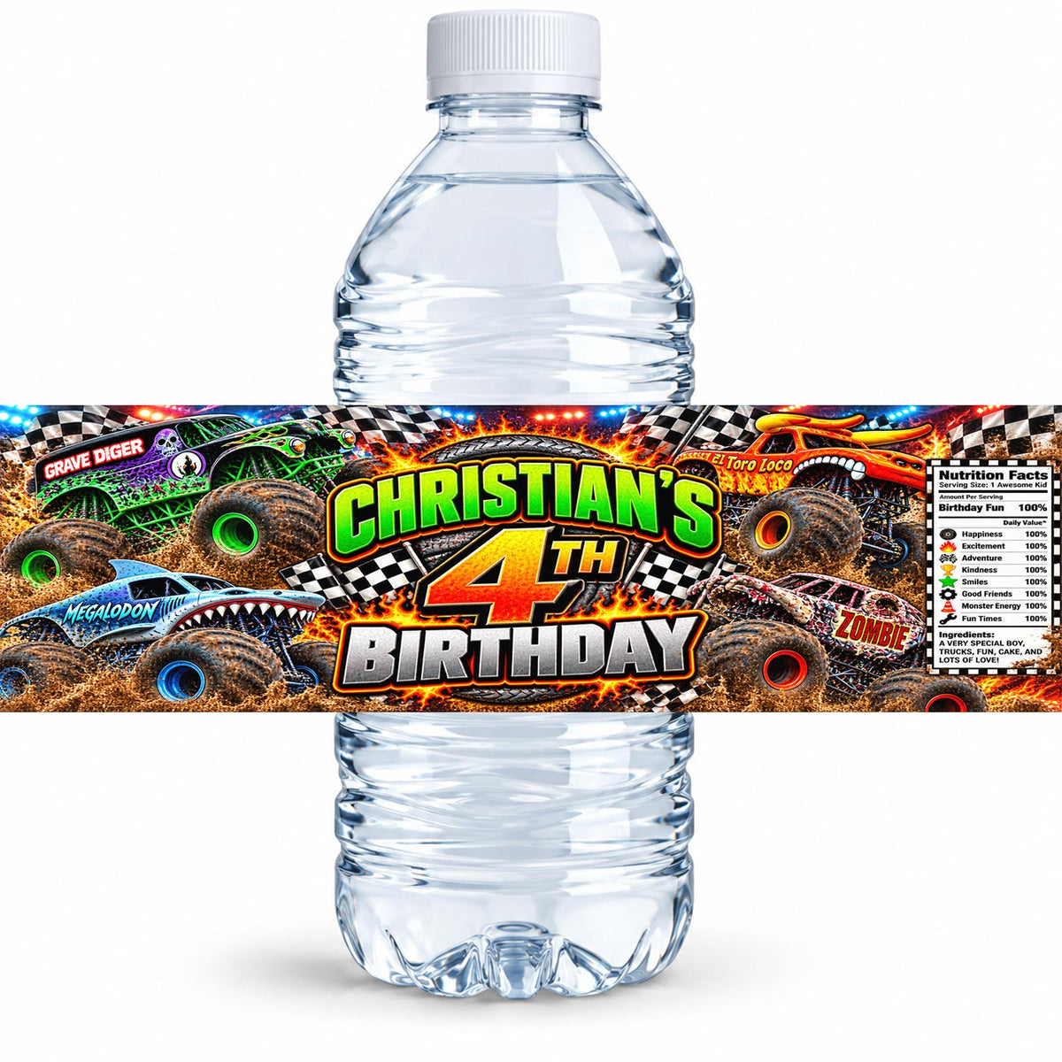 Custom Monster Trucks Water Bottle Label Sticker Birthday Decor Self Stick Wrapper