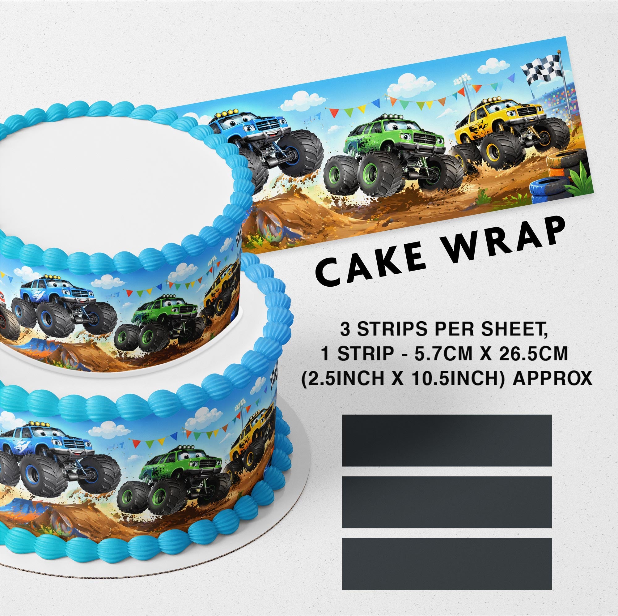 Monster Truck Kids Edible Cake Wrap Strip – Icing Sheet Cake Side - Edible Cake Topper | Icing Sheet | Birthday Cake Decoration