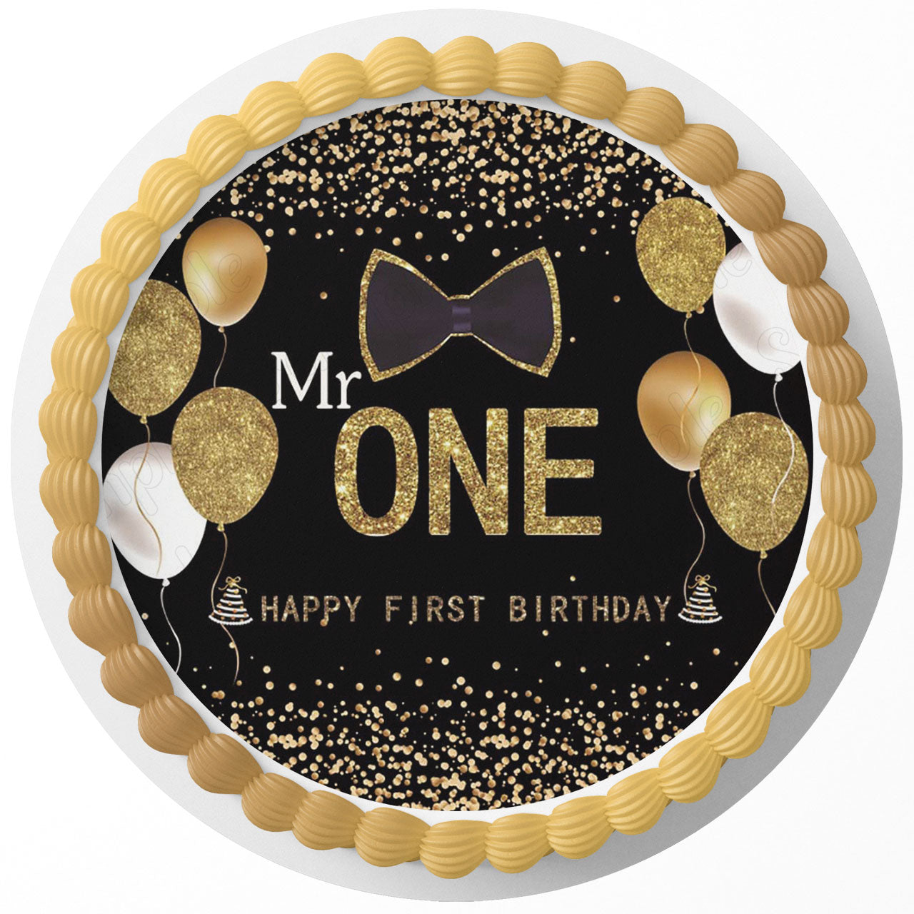 Mr One Gold Balloons Bowtie Round – Icing Sheet Birthday - Personalized Edible Cake Topper | Custom Icing Sheet | Birthday Cake Decoration