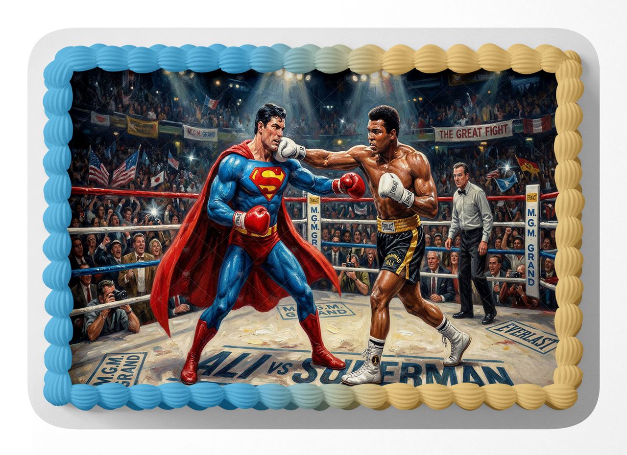 Muhammad Ali vs Superman edible cake topper