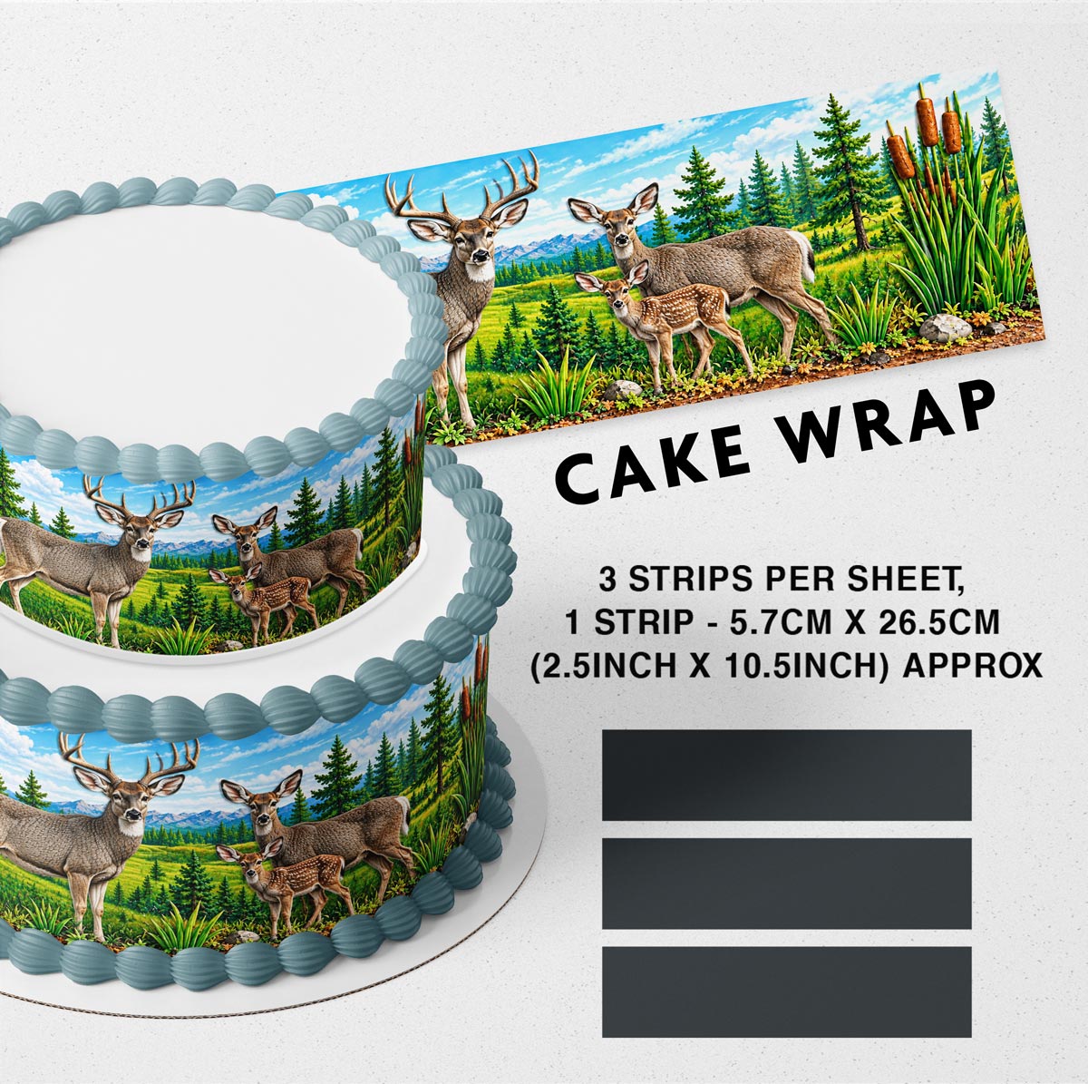 Mule Deer Edible Cake Wrap – Hunting & Wildlife Cake Strips, Deer Cake Border Decoration, 3 Strips per Sheet