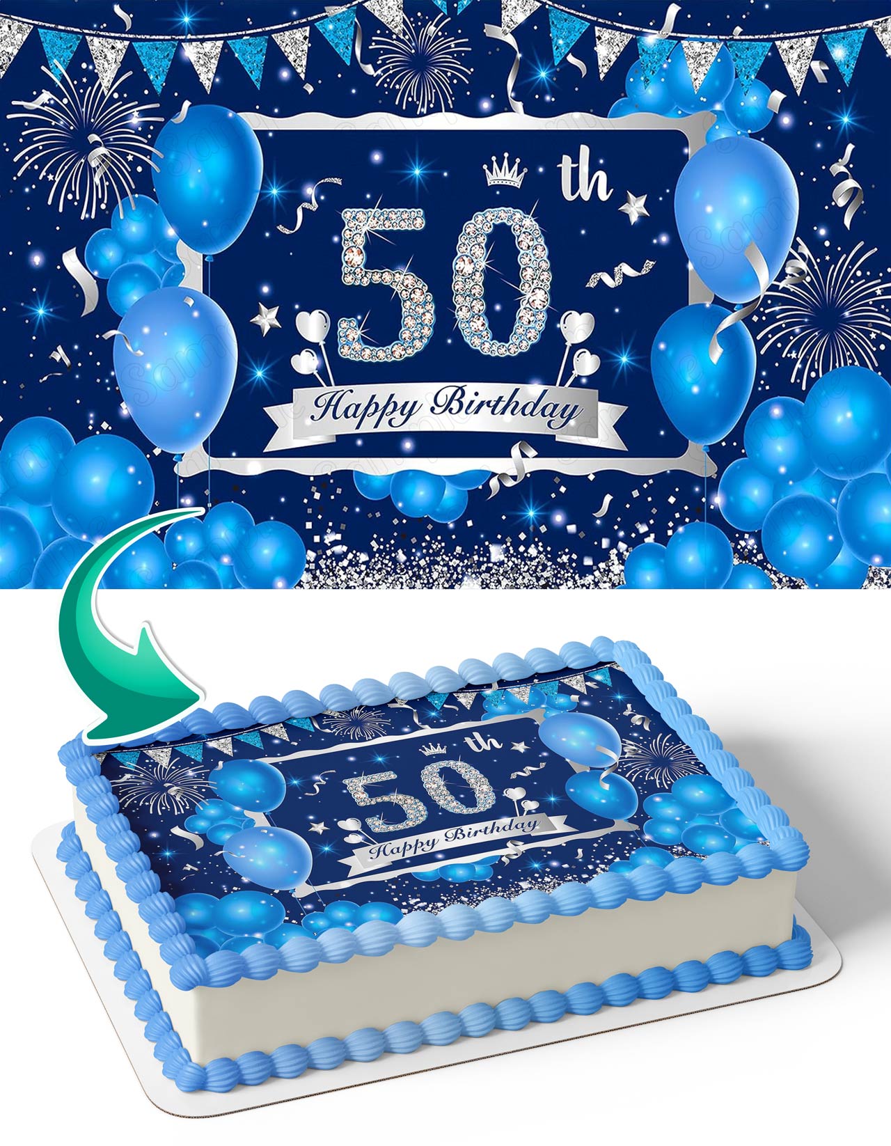 Navy Blue Silver Glitter 50th 60th 70th 80th Birthday Edible Cake Topper