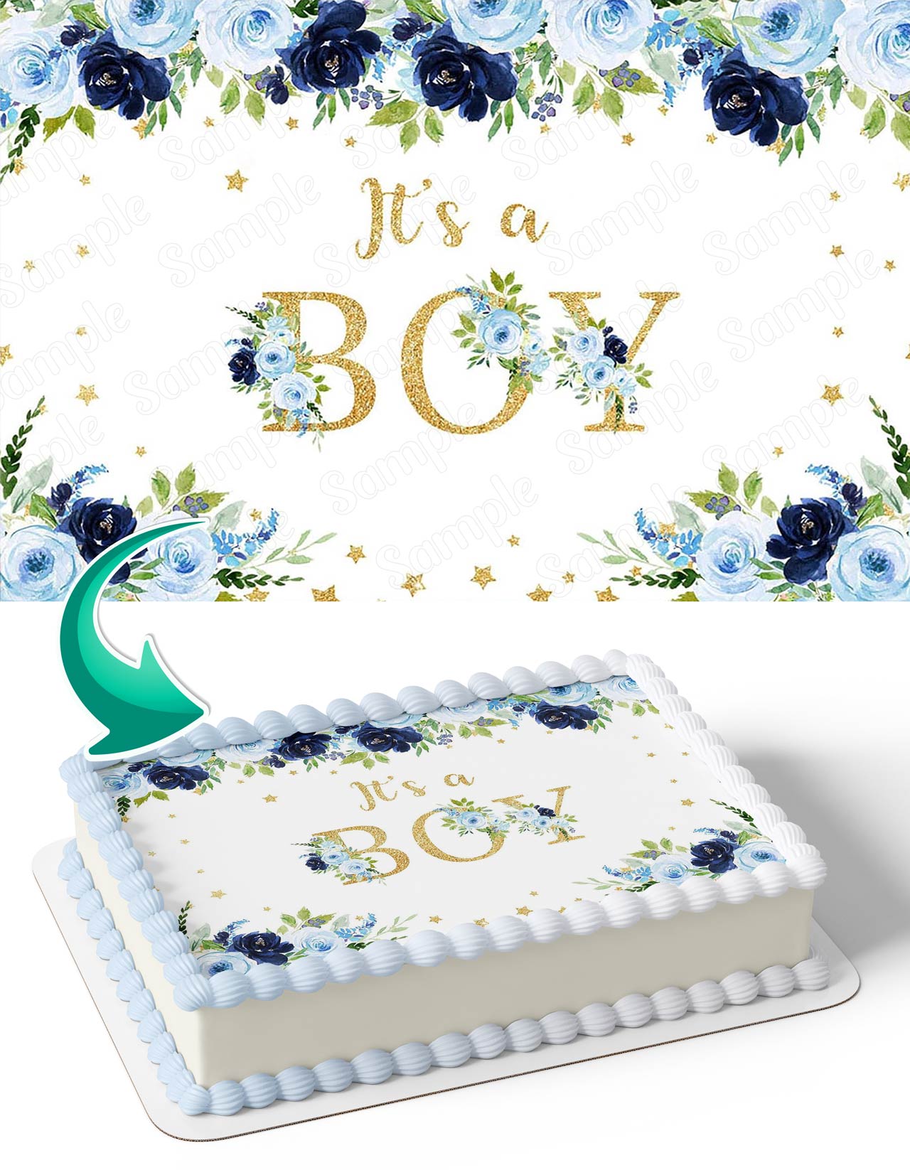 Navy Blue Flowers Its a Boy Baby Shower NBF Edible Cake Topper