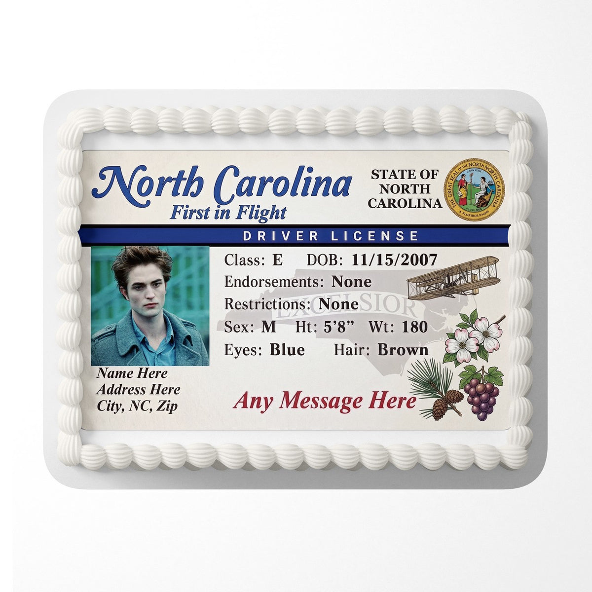 North Carolina Driver License Edible Cake Topper – Custom Photo Birthday Icing Sheet