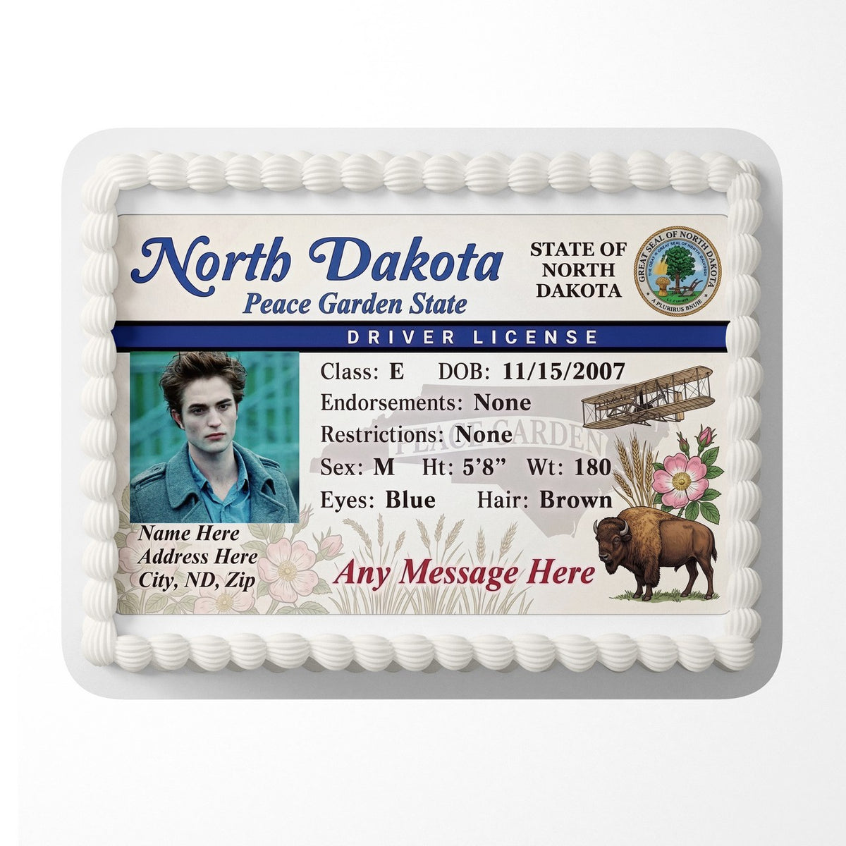 North Dakota Driver License Edible Cake Topper – Custom Photo Birthday Icing Sheet