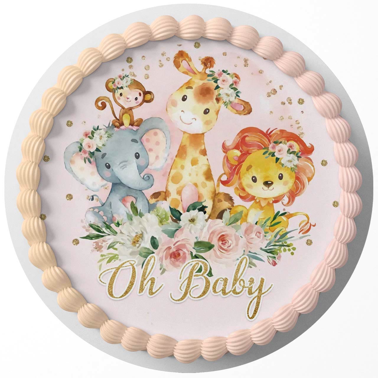 Oh Baby Jungle Animal Giraffe Lion Pink Round – Icing Sheet Birth - Personalized Edible Cake Topper | Custom Icing Sheet | Birthday Cake Decoration