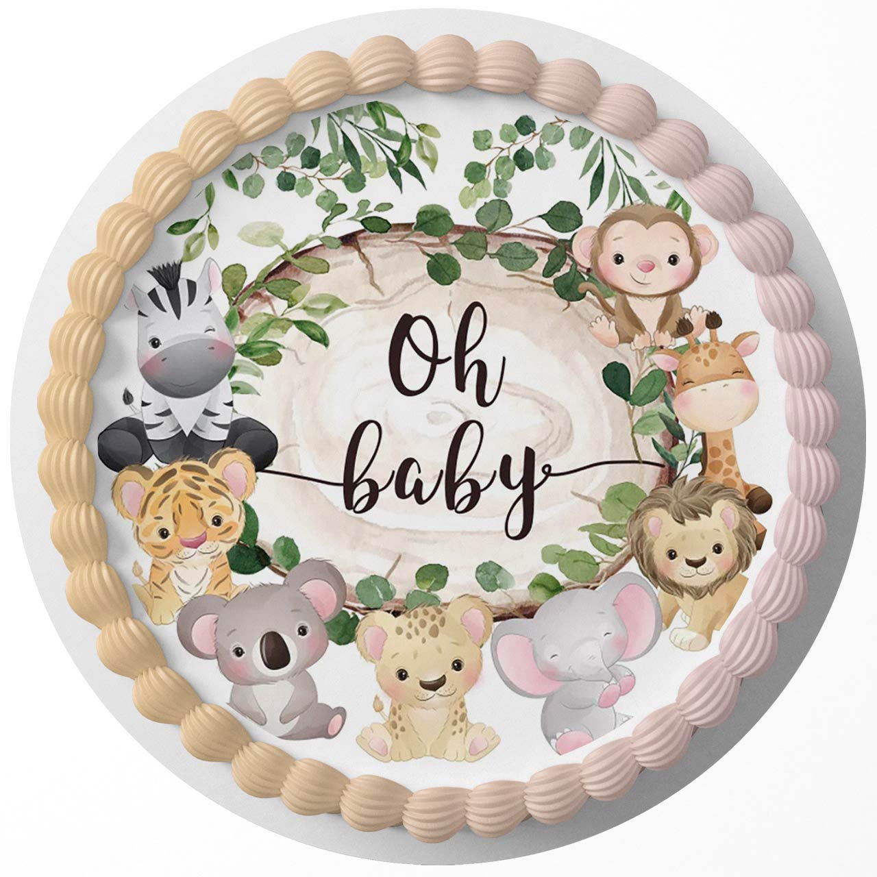 Oh Baby Woodland Baby Shower Baby Safari Jungle Animals Geenery L - Personalized Edible Cake Topper | Custom Icing Sheet | Birthday Cake Decoration