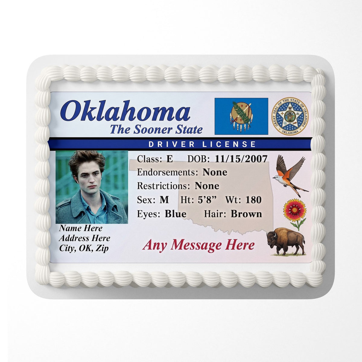 Oklahoma Driver License Edible Cake Topper – Custom Photo Birthday Icing Sheet