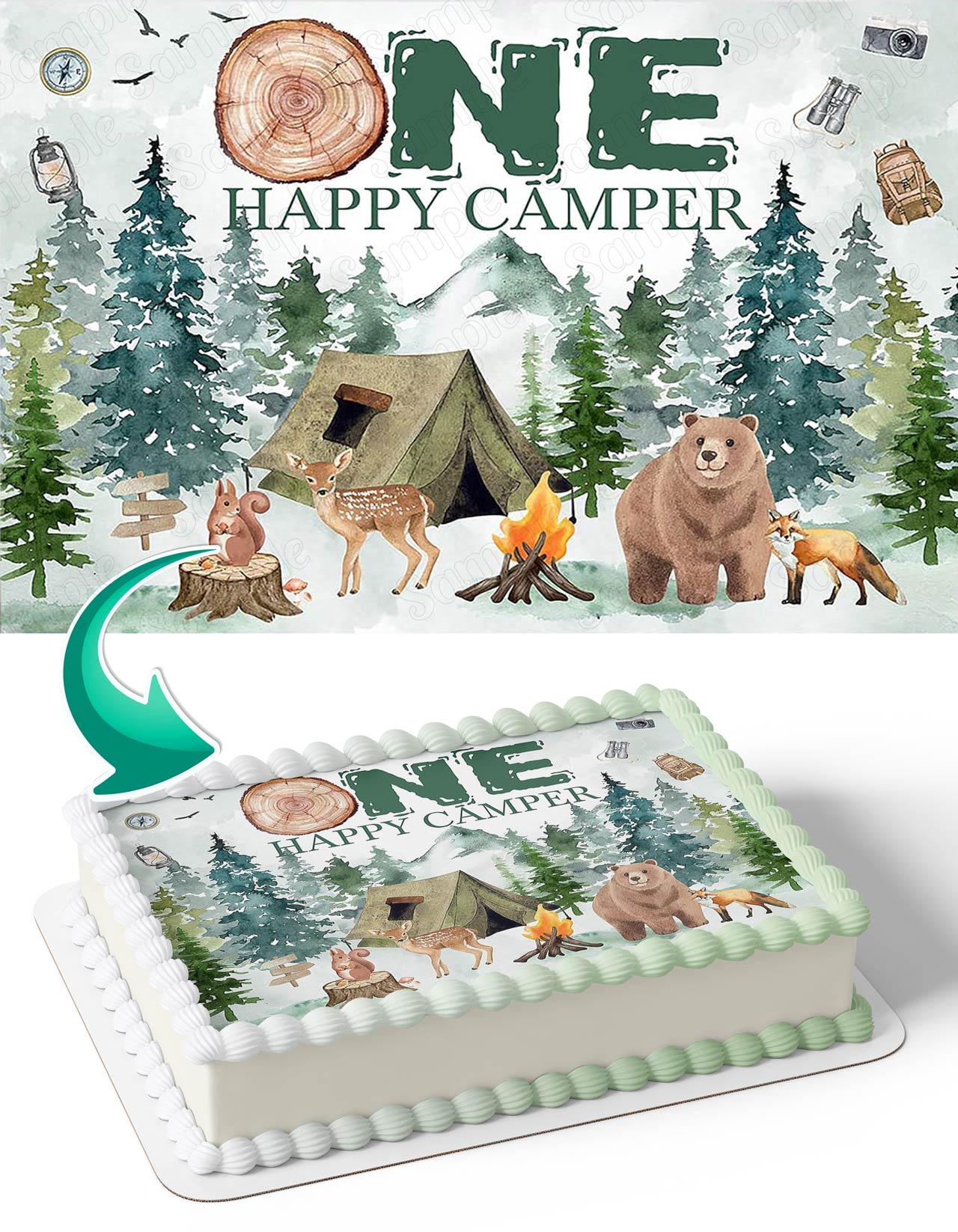 One Happy Camper Camping Adventure Forest Tent Campfire Edible Cake Topper