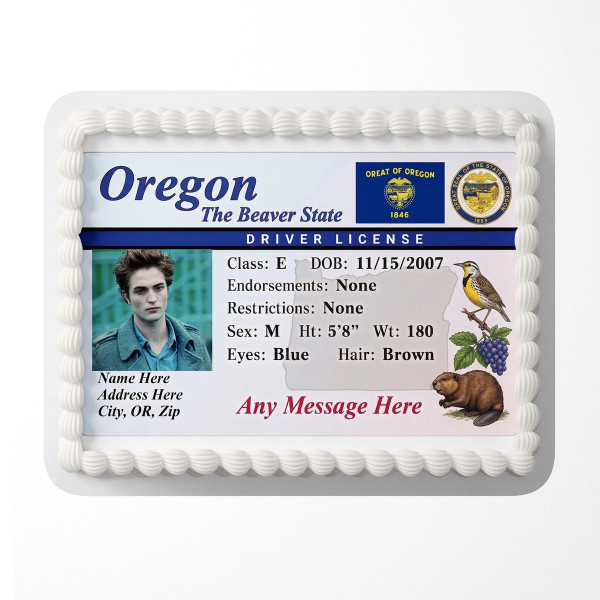 Oregon Driver License Edible Cake Topper – Custom Photo Birthday Icing Sheet