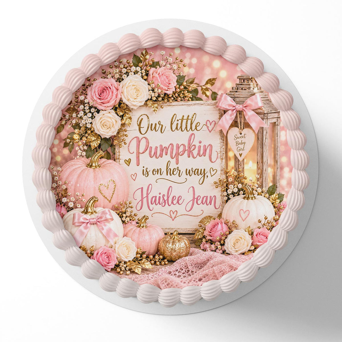 Our Little Pumpkin is on Her Way Baby Shower Edible Cake Topper | Birthday Cake Decoration | Photo Cake Image
