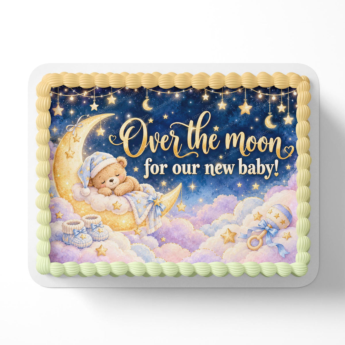 Over The Moon For Our New Baby! Edible Cake Topper Cake Decoration Photo Cake Image Custom