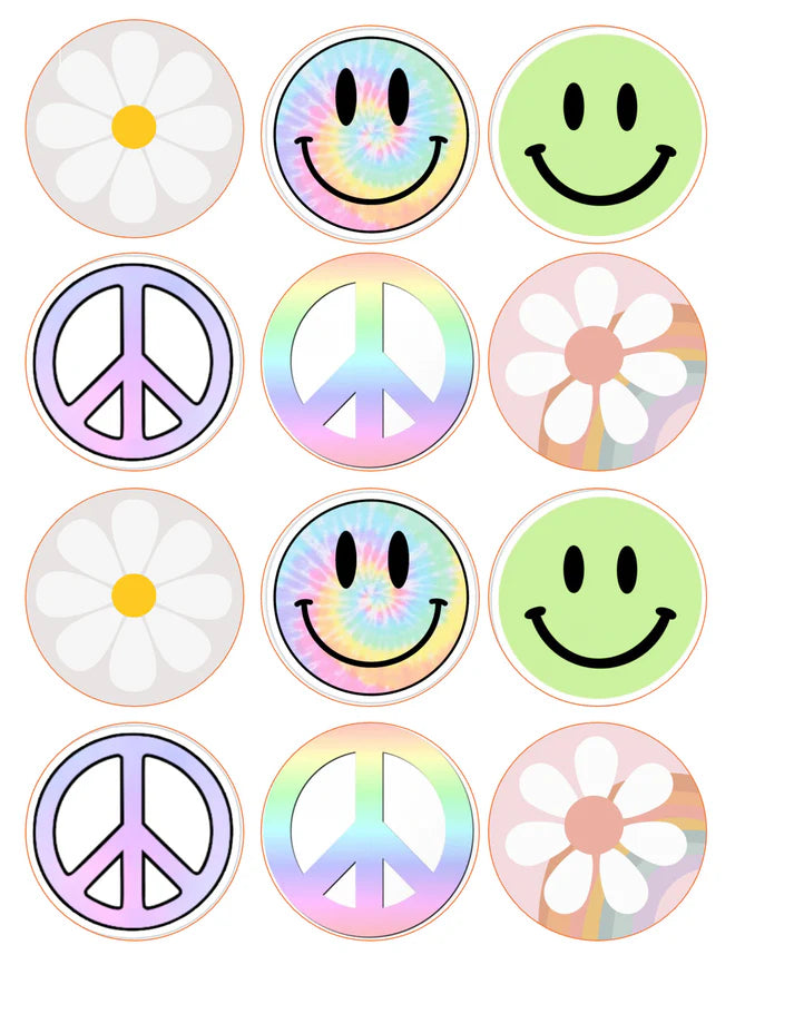Pastel Peace and Flowers Edible Cupcake Toppers Icing Sheet or Wafer Paper