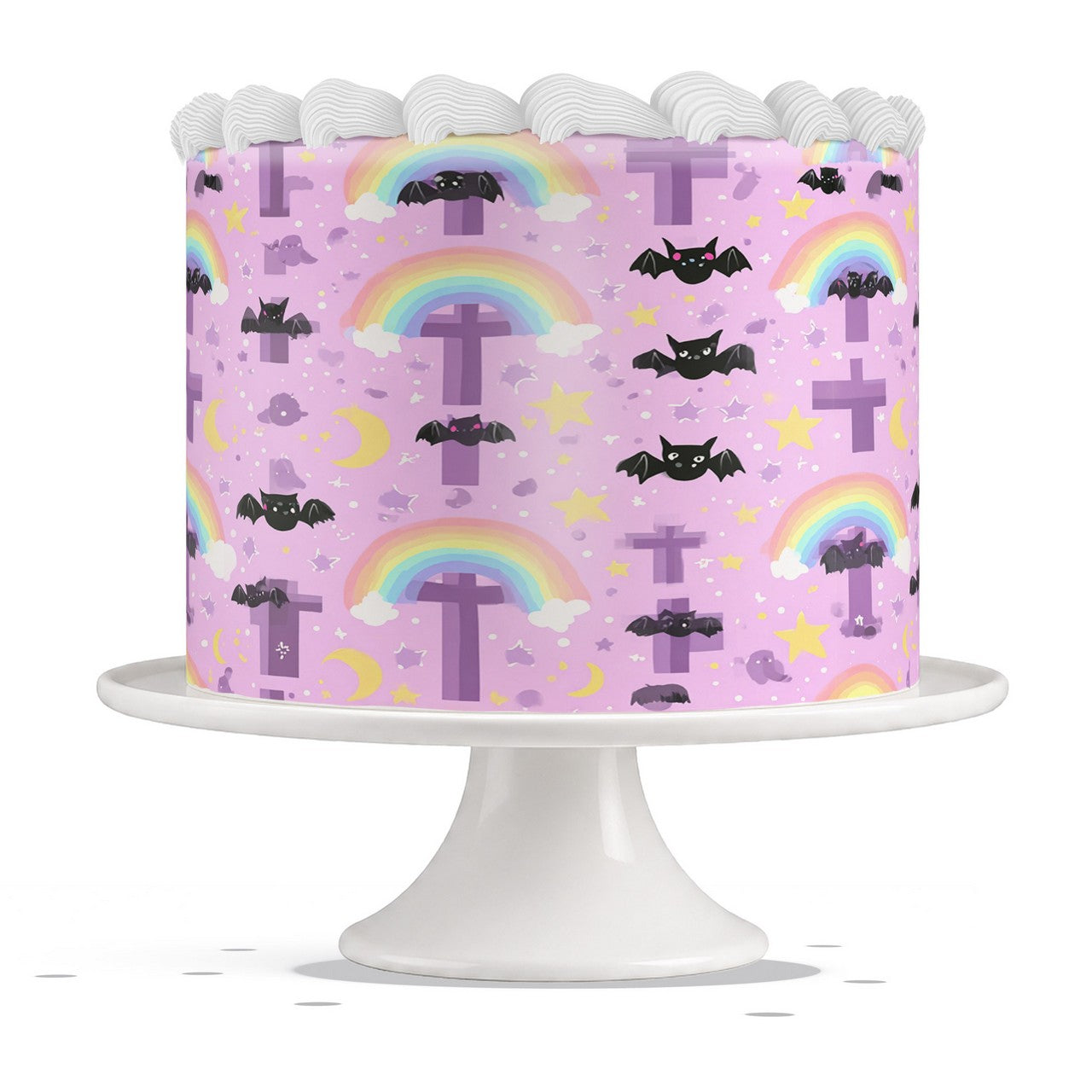 Pastel Rainbows Moons and Crosses edible cake wrap strip icing sheet