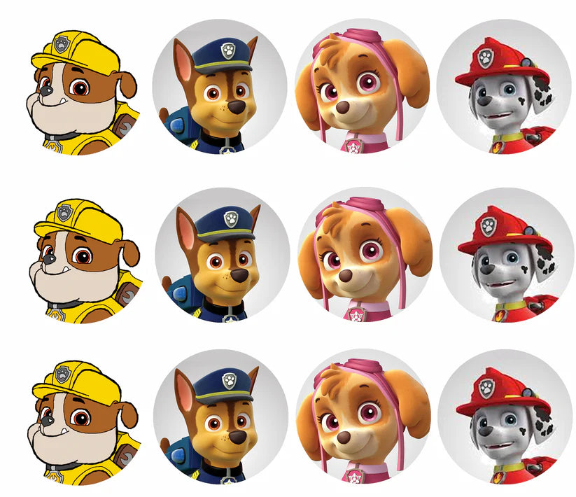Paw Patrol Character Faces Edible Cupcake Toppers Icing Sheet or Wafer Paper