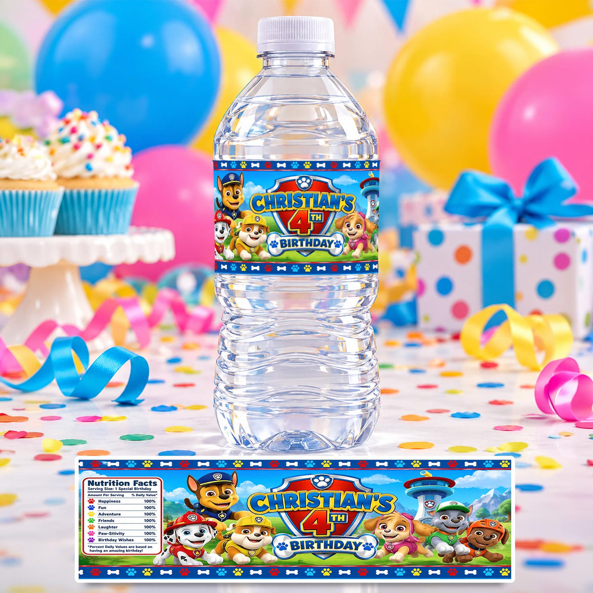 Custom Paw Patrol Water Bottle Label Birthday Decor Self Stick Wrapper