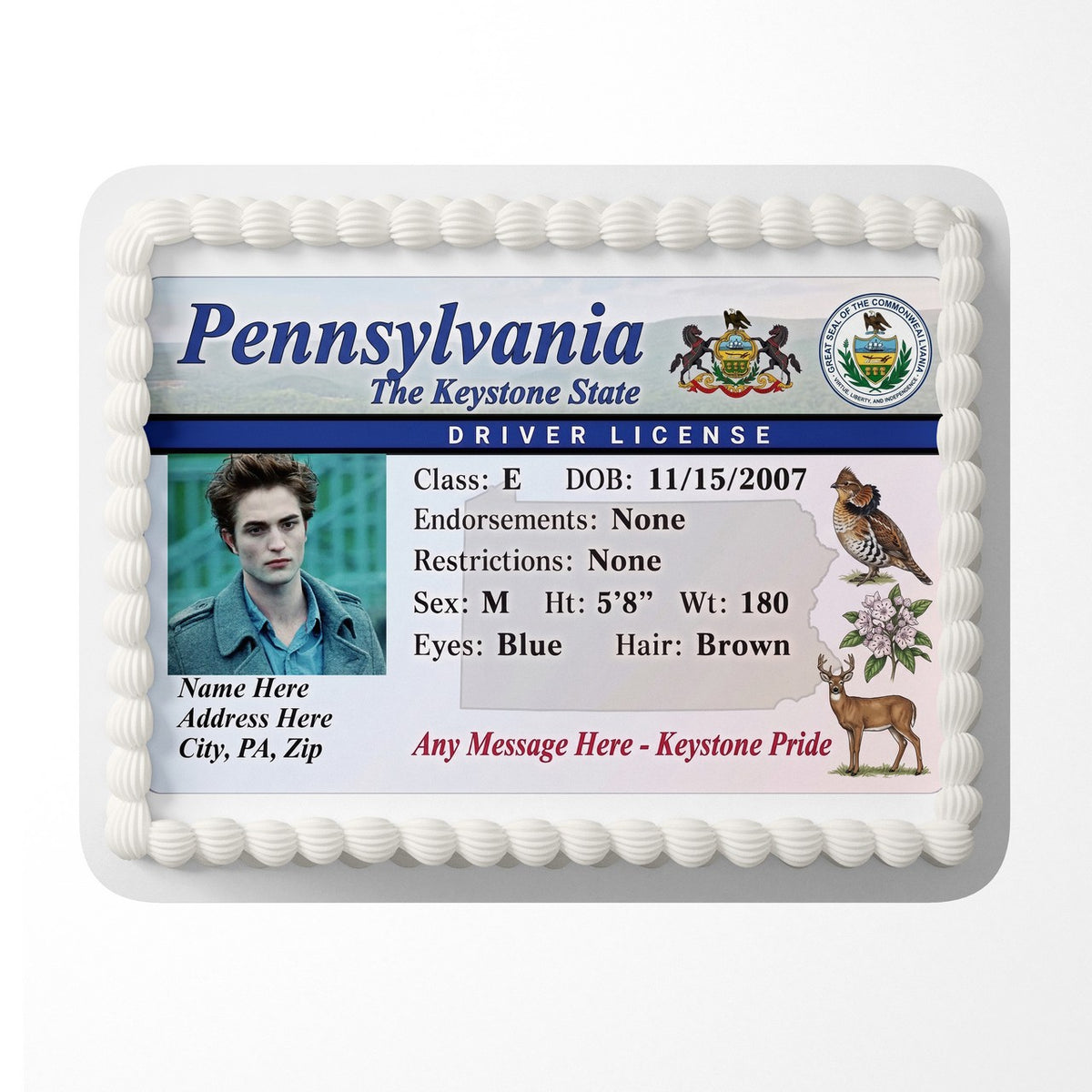 Pennsylvania Driver License Edible Cake Topper – Custom Photo Birthday Icing Sheet