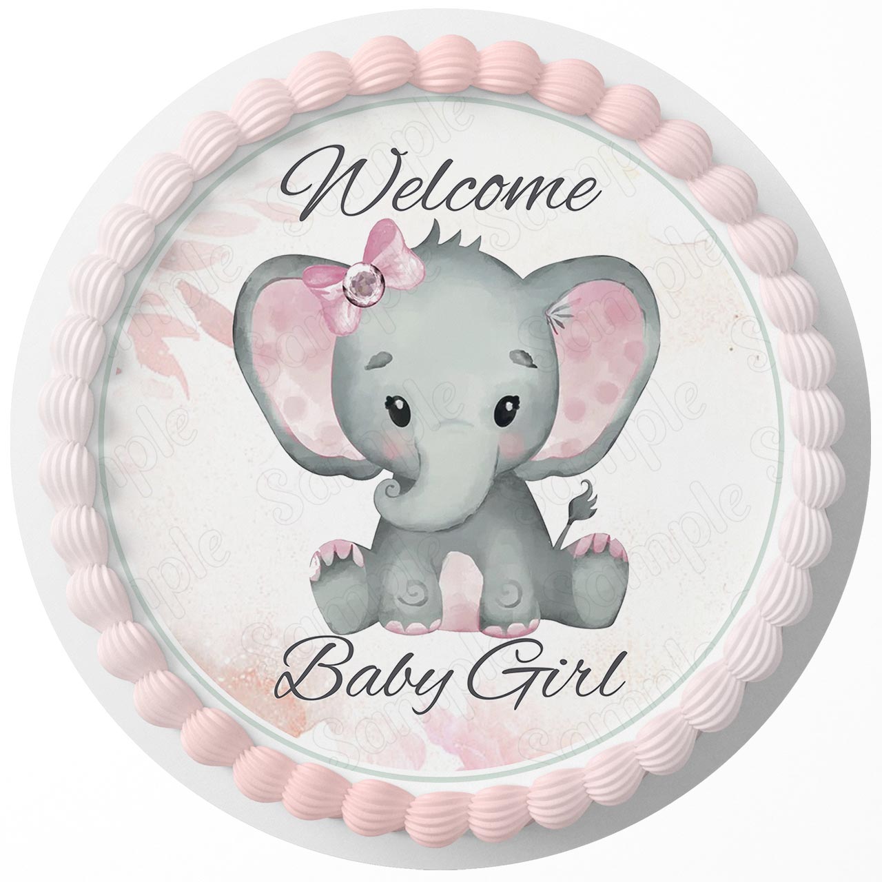 Pink Elephant Welcome Baby Girl Round – Icing Sheet Birthday - Personalized Edible Cake Topper | Custom Icing Sheet | Birthday Cake Decoration