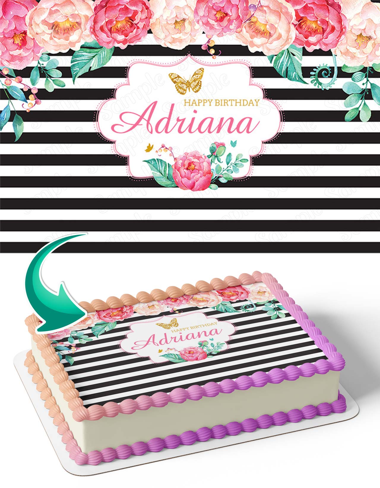 Pink Flowers Girls Black And White Stripes Gold Butterfly PFG Edible Cake Topper
