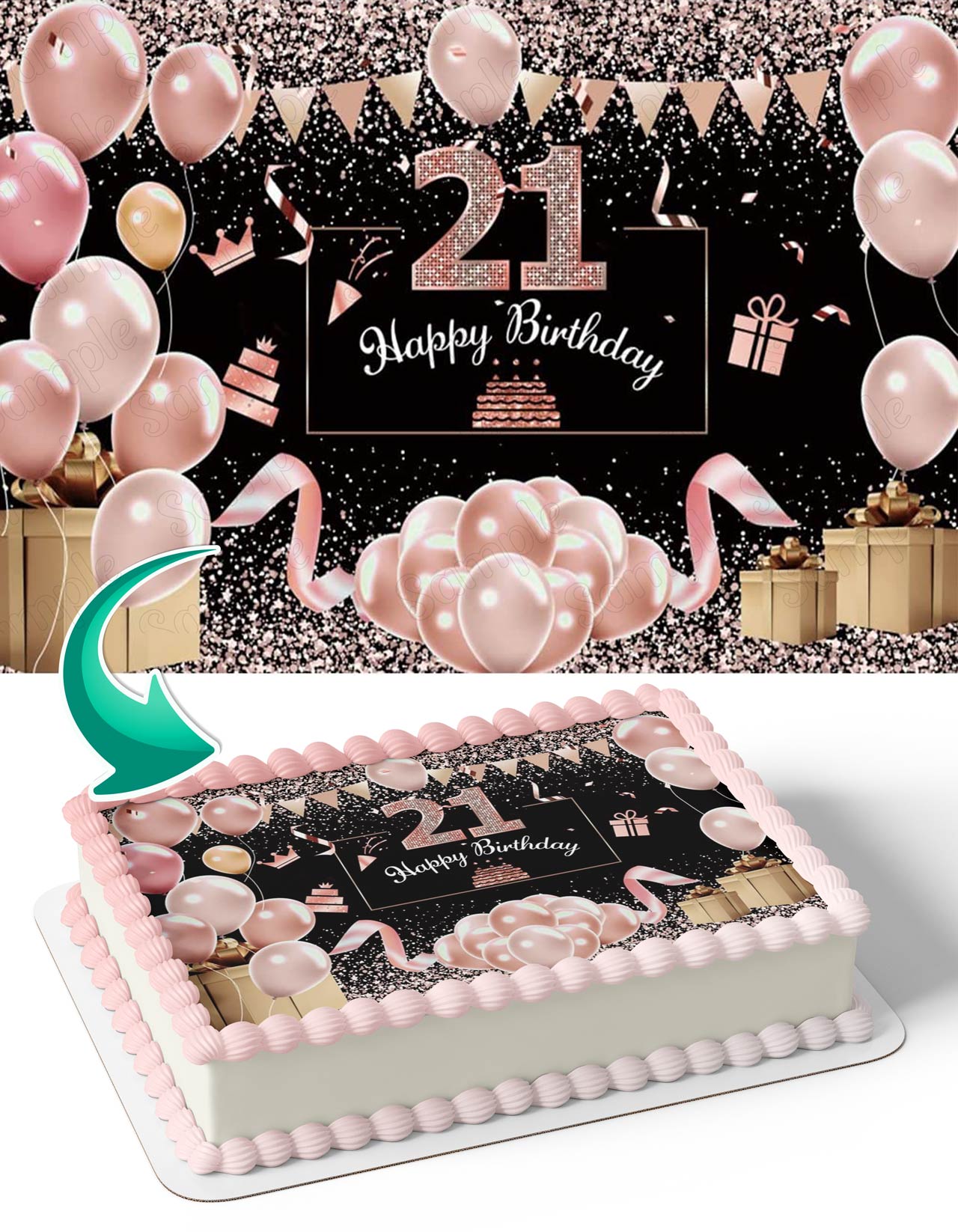 Pink Gold Gift Box Balloons Glitter 21st Edible Cake Topper