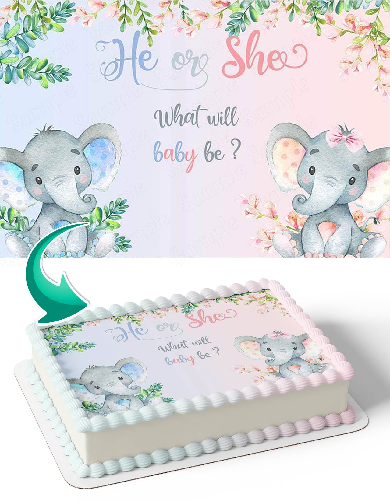 Pink or Blue Elephant Gender Reveal He or She What Will Baby Be Edible Cake Topper