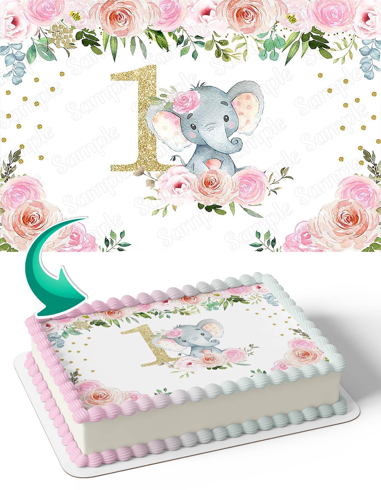 Pink Flowers Elephant 1st Year Edible Cake Topper